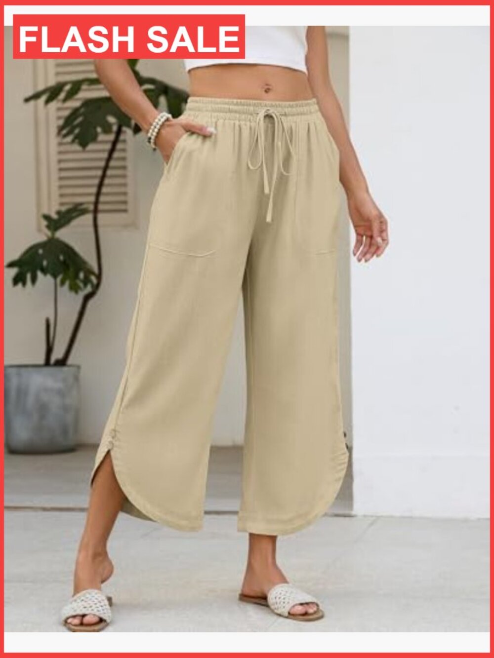 Women's Cotton Linen Wide Leg Capri Pants with Pockets - Picture 2 of 7